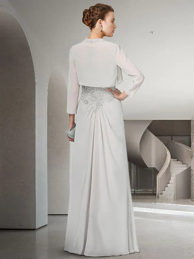 Mother of the Bride Dress Elegant Jewel Neck Floor Length Chiffon Lace Length Sleeve with Ruffles Appliques