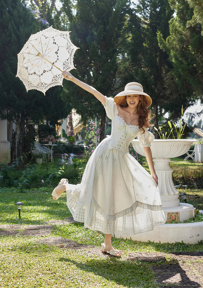 Ivory Cotton Eyelet Embroidery Maxi Dresses with Square Neck Off Shoulder Puff Sleeves Corset Bodice Tie Back and Asymmetric Lace Hem