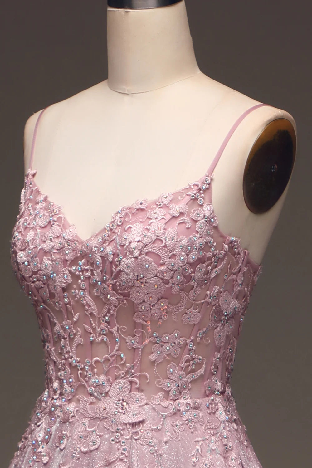 A Line V Neck Glitter Spaghetti Straps Blush Prom Dress with Beading