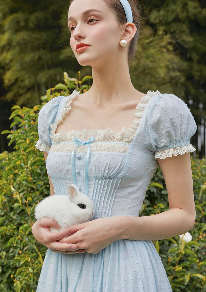 Light Blue Swiss Dot Midi Dresses with Square Neck Lace Trim Puff Sleeves Velvet Bow Smocked Waist and Tiered Lace Skirt