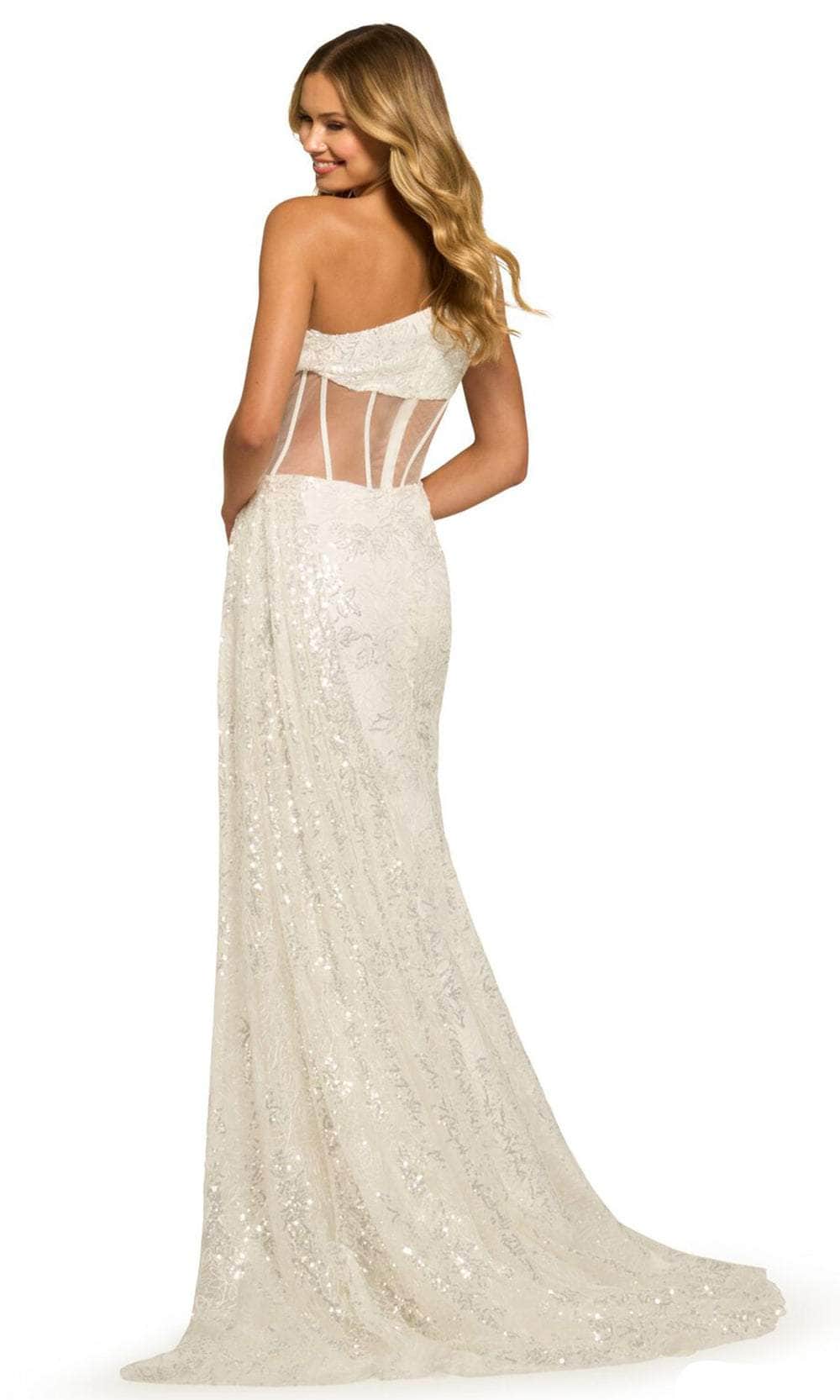 Luminous Ivory Sequin One-Shoulder with Sheer Corset Cutout and High Slit Evening Dress