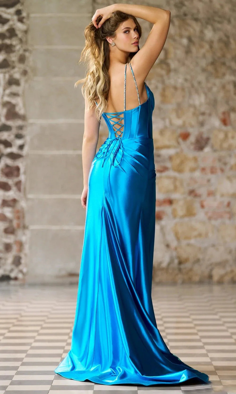 Luxe Cyan Satin Spaghetti Strap with Crystal Accent and Lace-Up Back Evening Dress