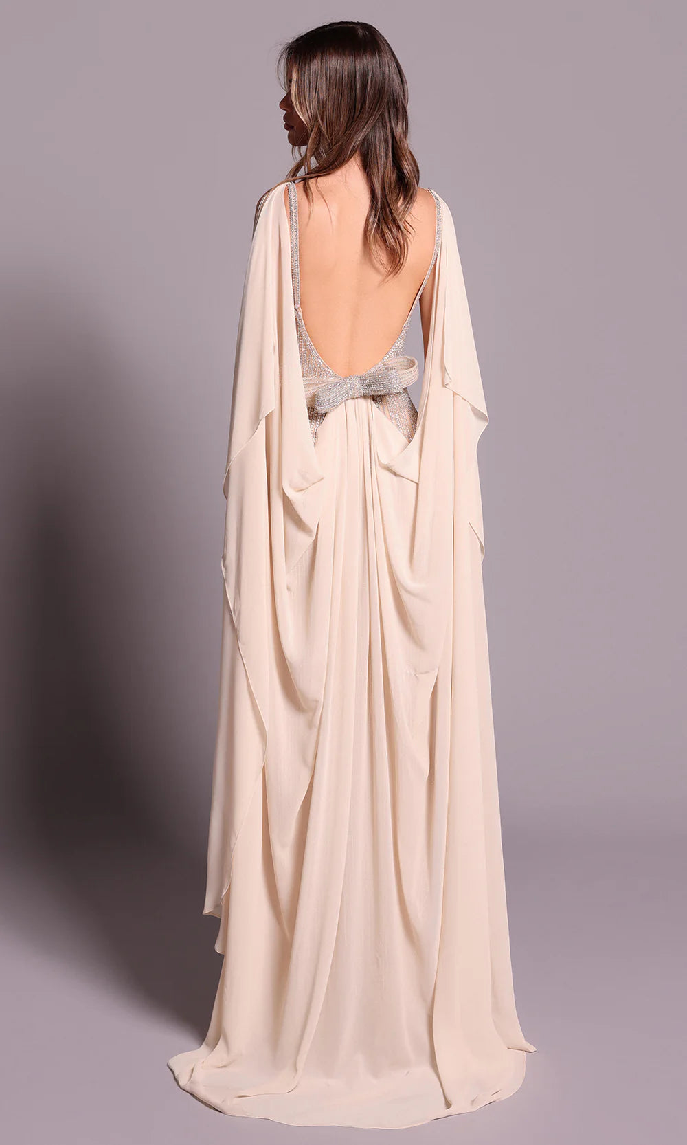 Luxurious Champagne Beaded Satin Square Neck Capelet Open Back Fitted Evening Dress