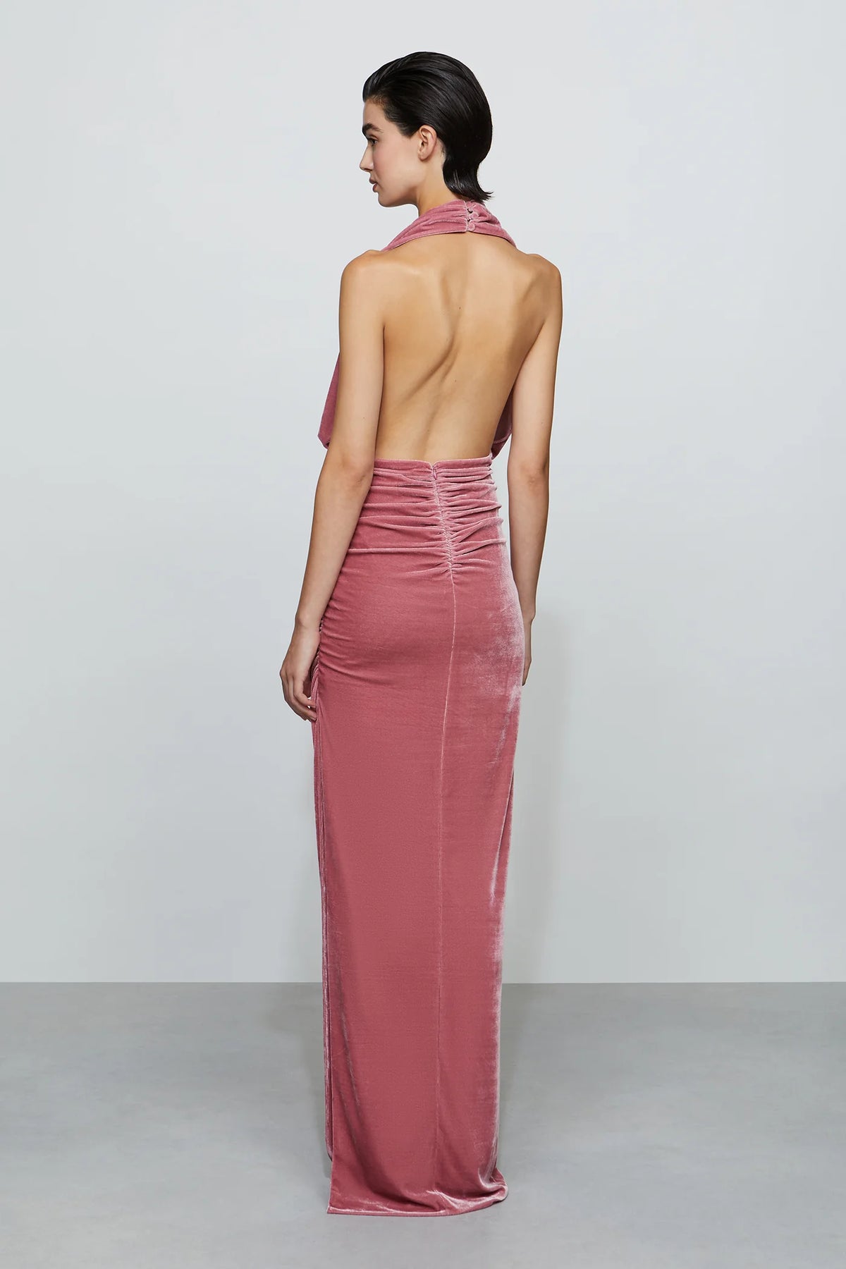 Luxurious Dusty Rose Velvet Halter Neck Draped Plunge V-Neck Ruched Floor-Length Evening Dress