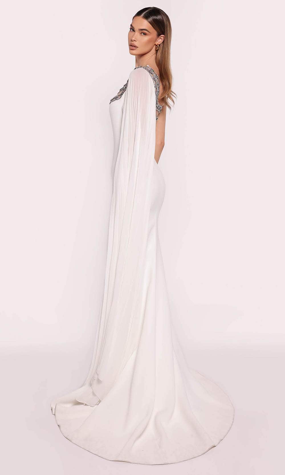 Luxurious White Satin One-Shoulder Rhinestone Trim Capelet Fitted Mermaid Train Evening Dress