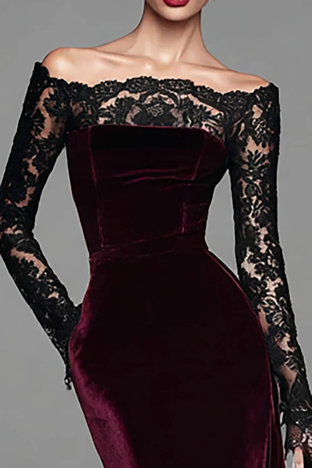 Luxury Burgundy Velvet Off-Shoulder Black Lace Long-Sleeve Mermaid Evening Dress