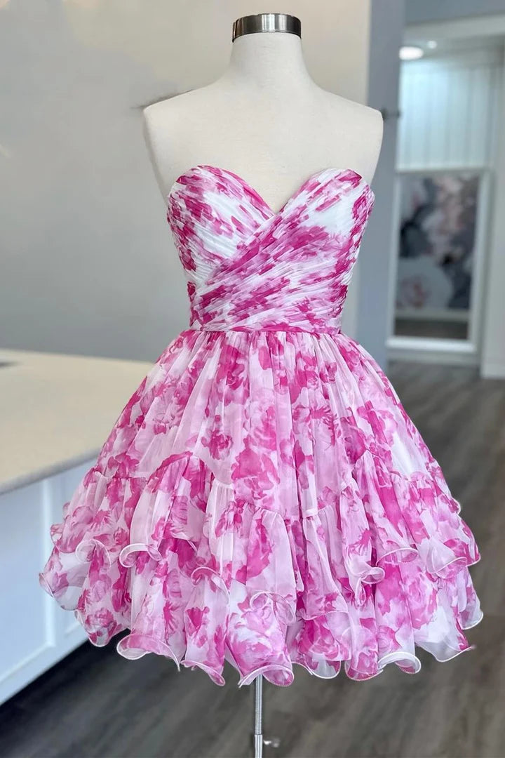 Print Sweetheart Ruffle Homecoming Dress