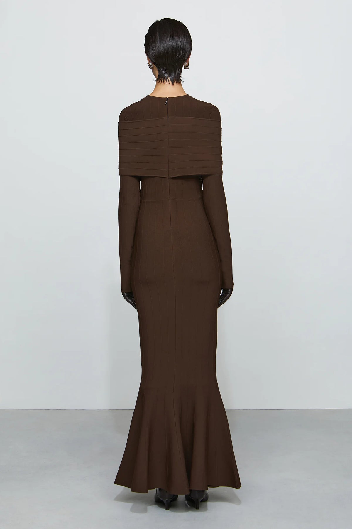 Modern Mocha Brown Ribbed Knit Crew Neck Cross-Over Detail Long Sleeve Mermaid Hem Floor-Length Evening Dress