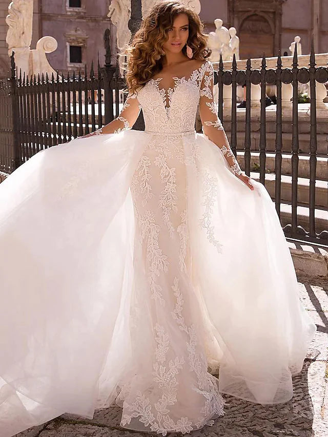 Wedding Dresses V Neck Court Train Lace Long Sleeve Formal Romantic Casual Modern Detachable Illusion Sleeve with