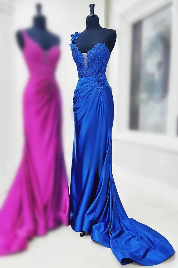 Sheath Mermaid Sweep/Brush Train Dresses One Shoulder Evening Gown Long Prom Dress With Appliques