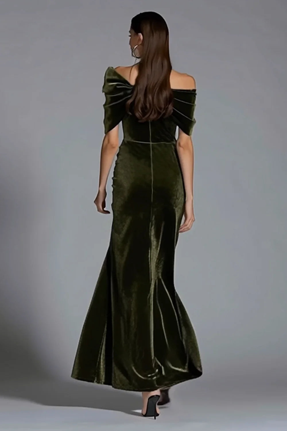 Opulent Olive Green Velvet Off-Shoulder Oversized Bow Ruched Mermaid Evening Dress