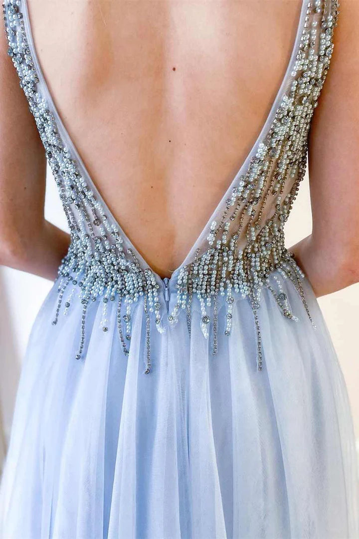 Beaded V-Neck Backless A-Line Prom Dress