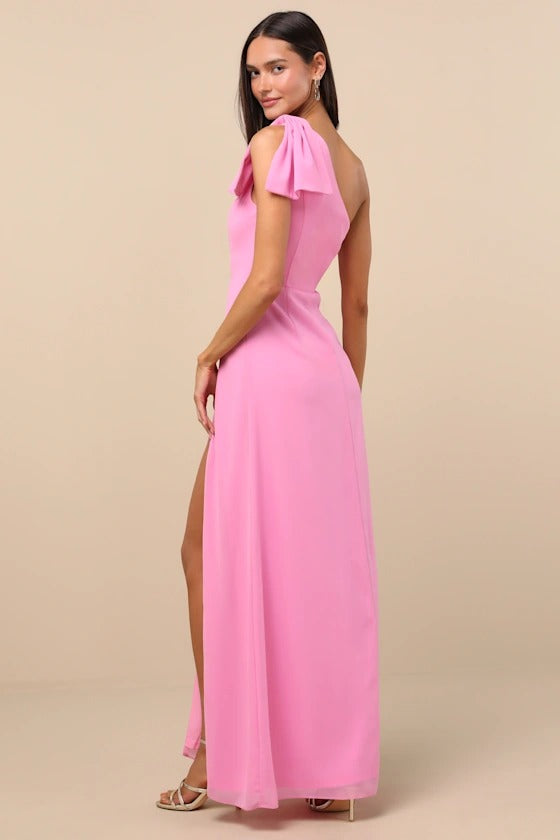 Playful Hot Pink One-Shoulder Ruffle Chiffon Bridesmaid Dress