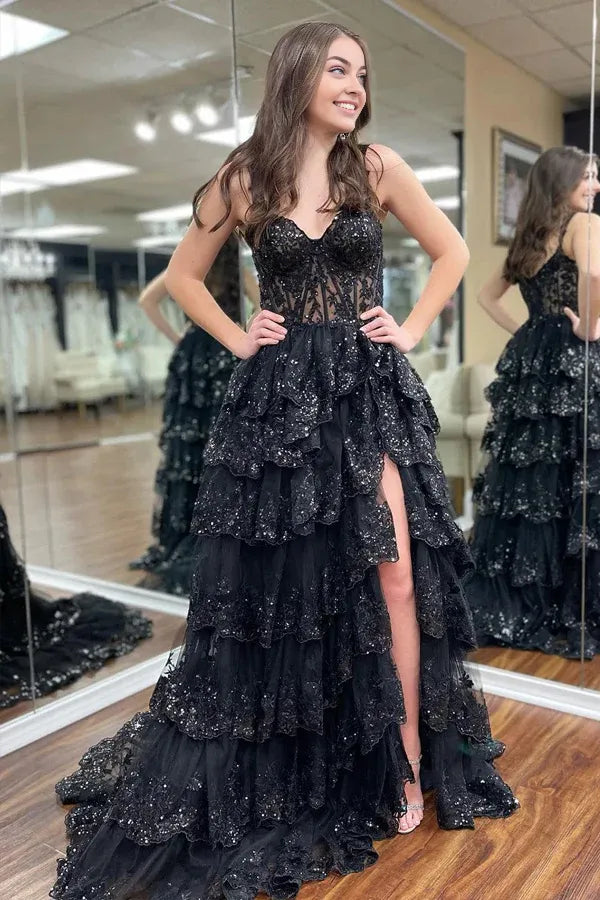 A Line Spaghetti Straps Tiered Tulle Layers Long Appliques Prom Dress With Slit