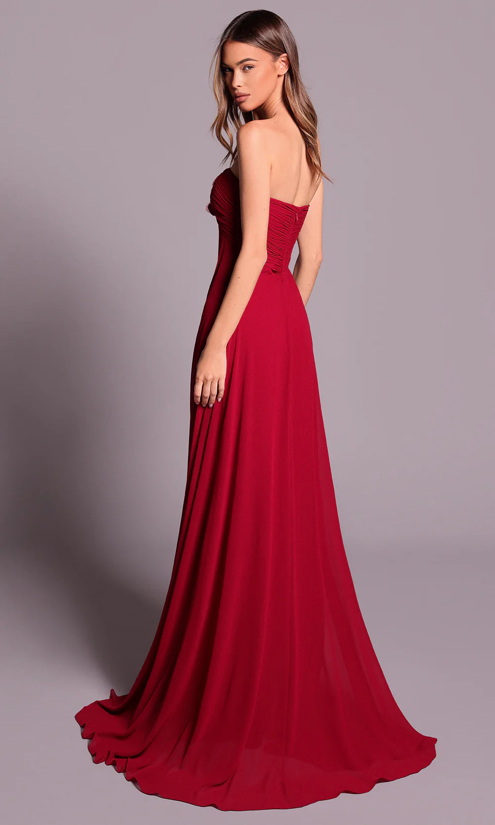 Regal Burgundy Chiffon Strapless 3D Floral Embellished A-Line Train Evening Dress