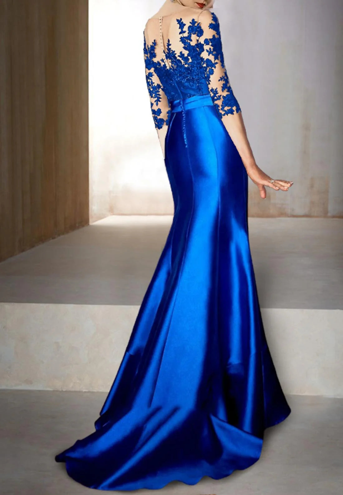 Regal Royal Blue Satin Mermaid with Lace Illusion Bodice and Oversized Bow Accent Evening Dress