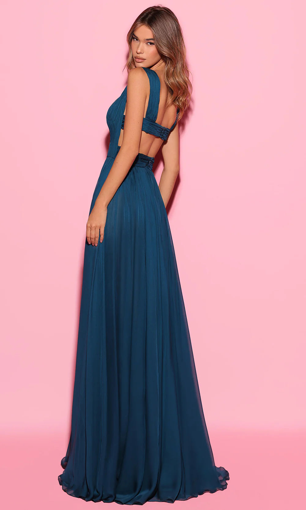 Regal Teal Chiffon Sleeveless Rhinestone Cutout Open Back A-Line Evening Dress