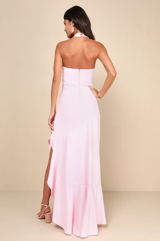Romantic Blush Pink Halter Neck Ruffle Hem Bridesmaid Dress