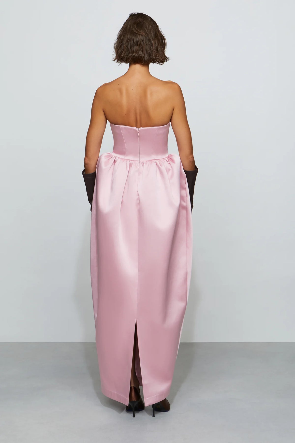 Romantic Blush Pink Strapless Sculptural Bubble Waist Floor-Length Evening Dress