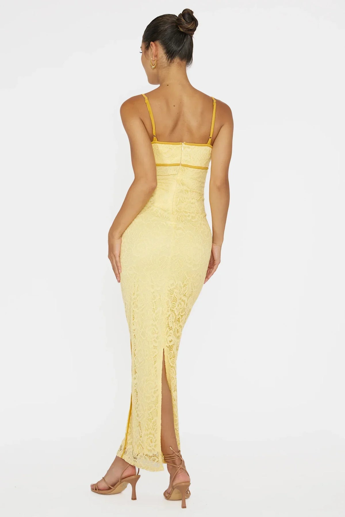Romantic Fitted Square Neck Contrast Piping Lace Maxi Evening Dress