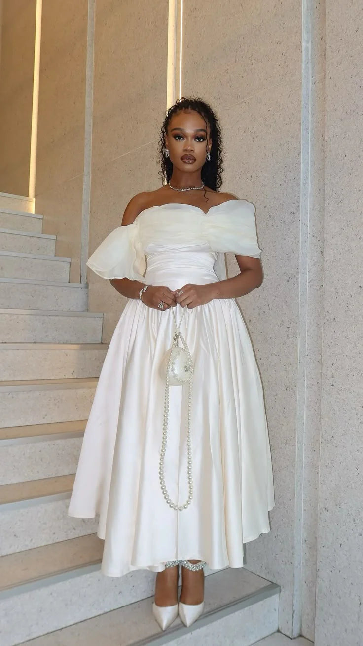 Romantic Ivory Satin Off-the-Shoulder Oversized Bow Ruched Bodice A-Line Tea-Length Prom Dress