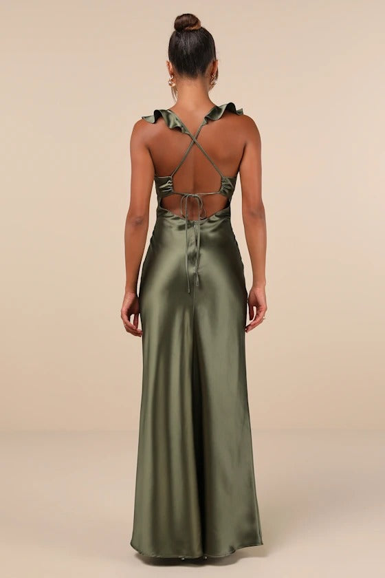 Romantic Olive Green Satin Ruffle Strap Open-Back Bridesmaid Dress
