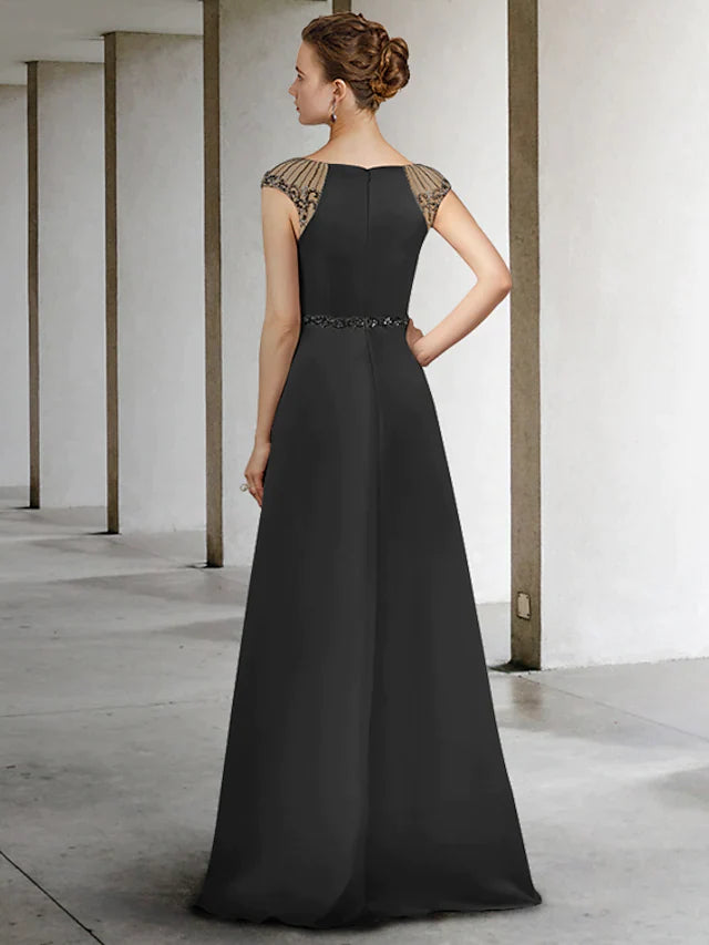A-Line Mother of the Bride Dress Elegant Jewel Neck Floor Length Satin Sleeveless with Sash Ribbon