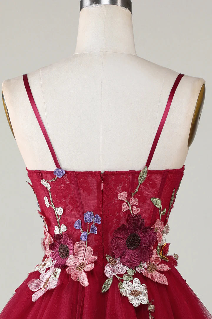 3D Floral Spaghetti Strap A-Line Short Party Dress