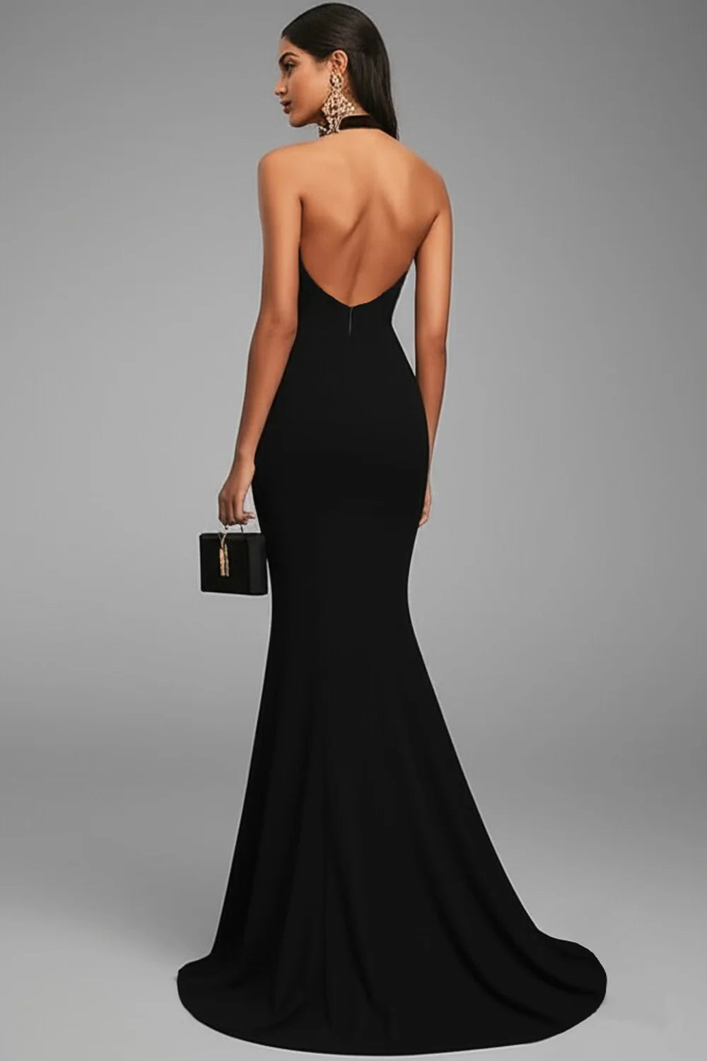 Sleek Black Halter Neck Deep Plunge Open-Back High Slit Mermaid Train Evening Dress
