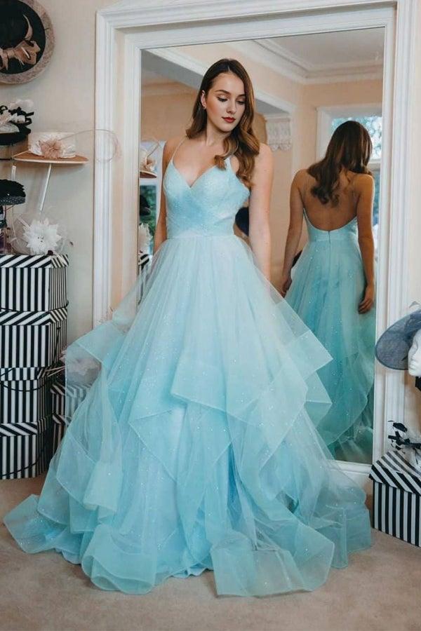 A Line Spaghetti Straps V Neck Evening Dress Open Back Sparkly Ruffles Long Prom Dress