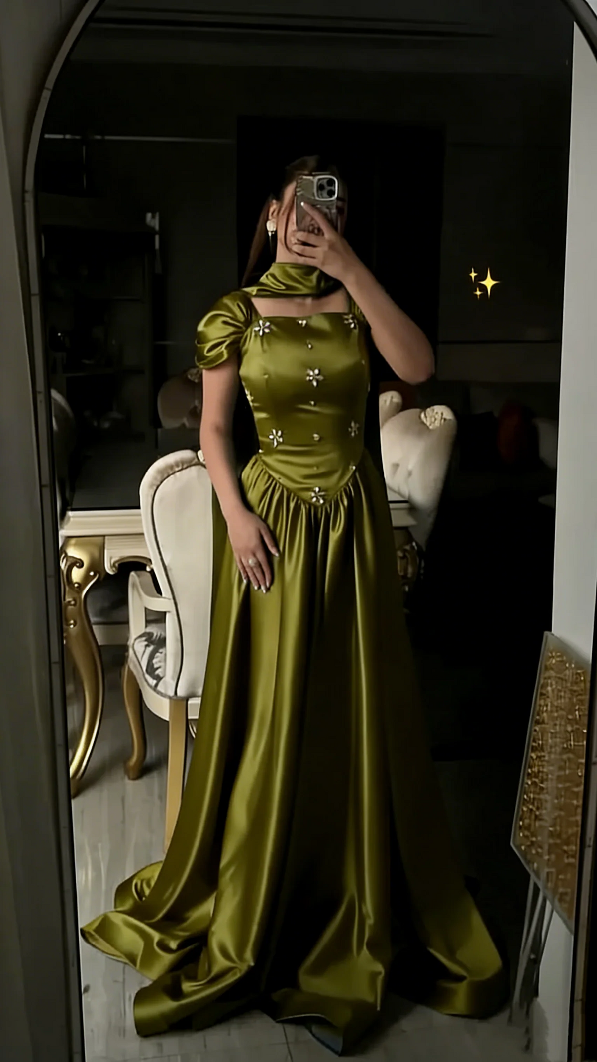 Square Neck Teal Satin Ball Gown with Puffed Short Sleeves Floral Beading and Matching Choker Scarf