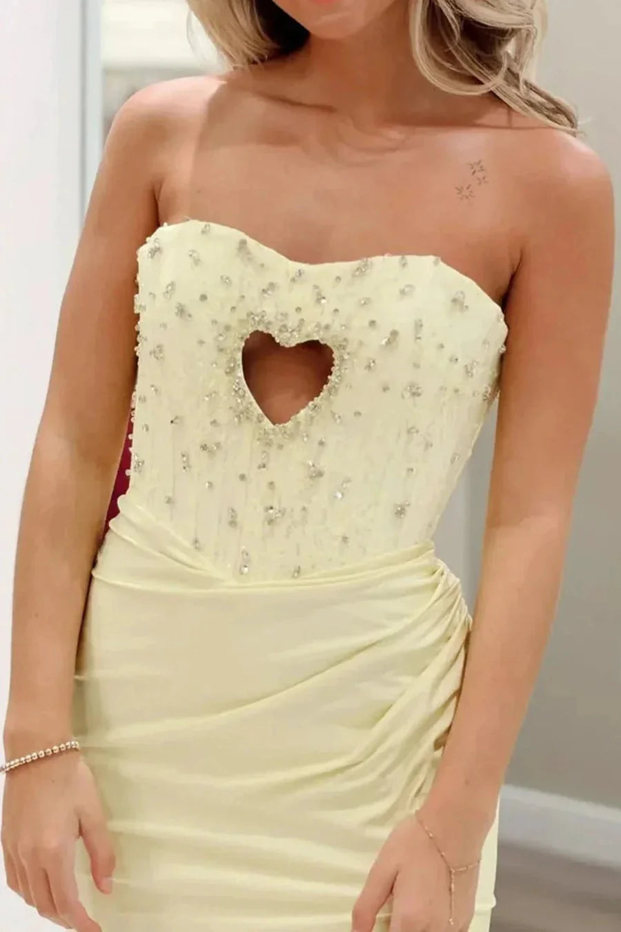 Strapless Heart Cutout Beaded Evening Dresses (Pale Yellow)