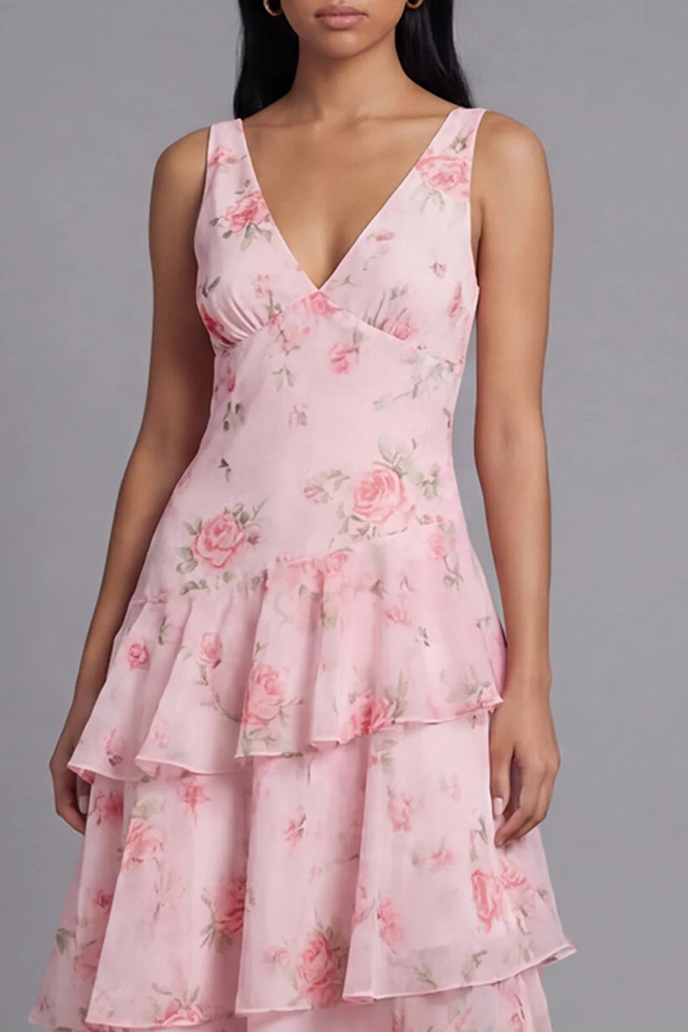 Sweet V-Neck Sleeveless Watercolor Pink Rose Print Tiered Ruffle Maxi Dress with Open Back Prom Dress