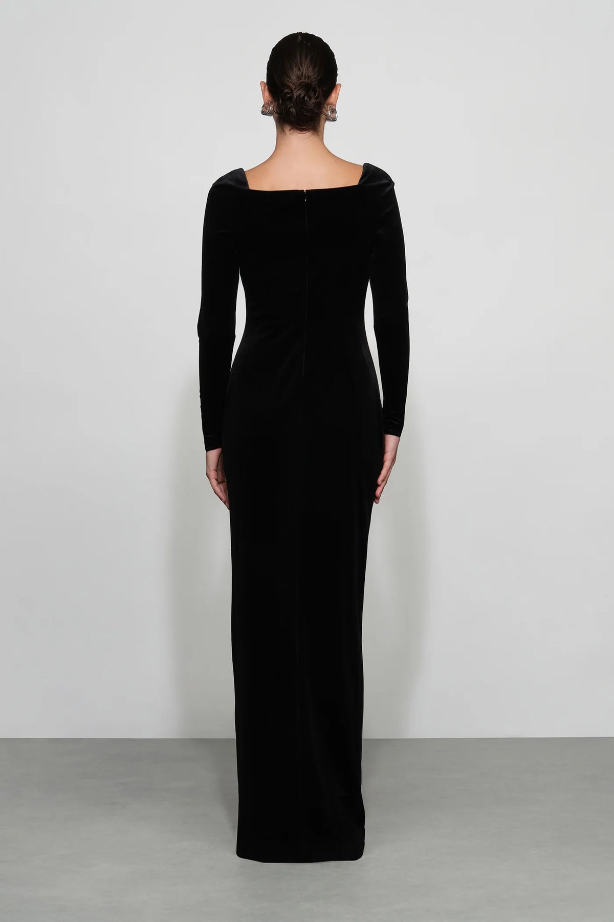 Timeless Black Velvet Square Neck Long Sleeve Button-Front Floor-Length Evening Dress