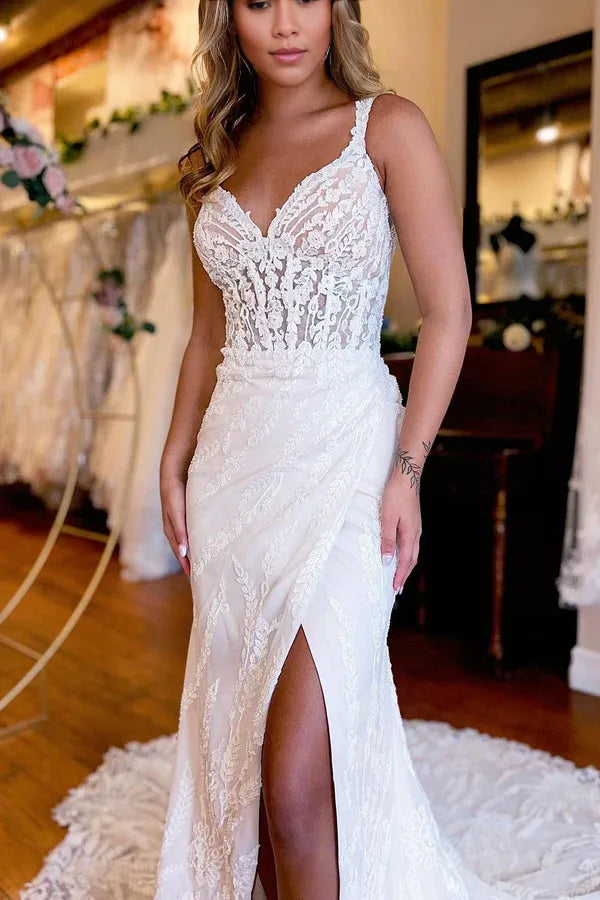 Sheath Wedding Dresses V Neck Chapel Train Long Lace Wedding Dress with Slit