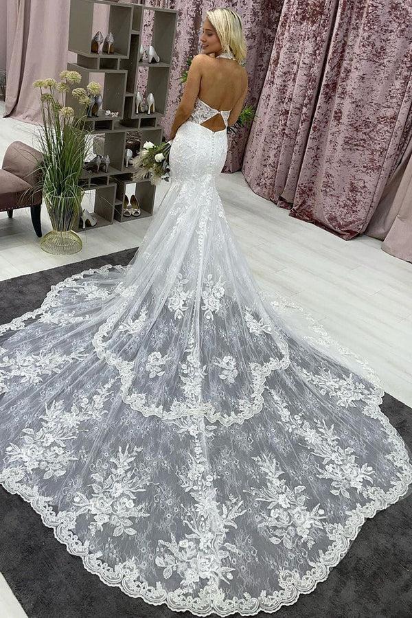 Mermaid / Trumpet Halter Neckline Court Train Lace Tulle Wedding Dress with Appliques