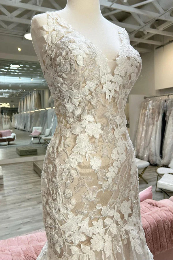 Mermaid Trumpet Wedding Dresses Champagne V-Neck Asymmetrical Mermaid Wedding Dress with Appliques