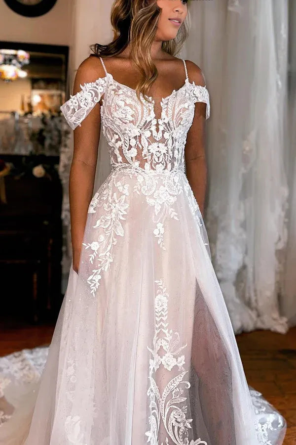 V-neck Sleeveless Detachable Sleeve High Slit A-Line Chapel Train Wedding Dress with Appliques