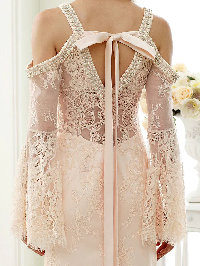 Princess A-Line Wedding Dresses Jewel Neck Court Train Lace Tulle Short Sleeve Romantic with Bow(s) Beading Appliques