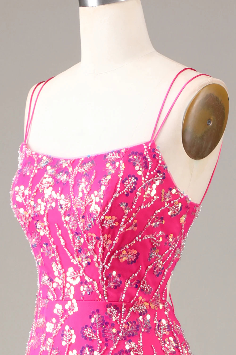 Sheath Mermaid Spaghetti Straps Hot Pink Sequins Beaded Prom Dress Evening Dress With Slit
