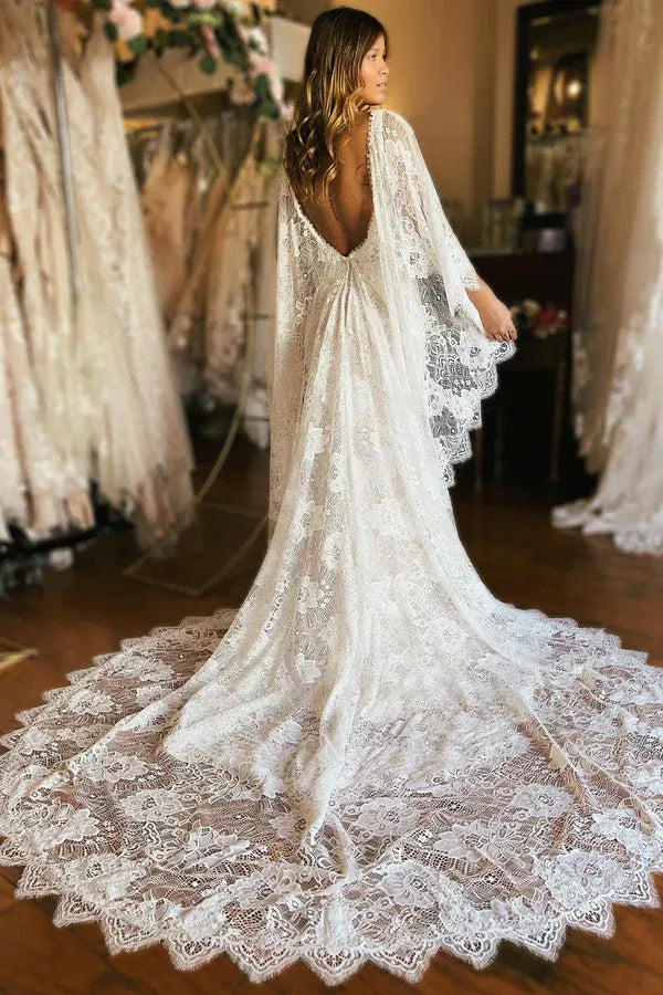 Mermaid / Trumpet Wedding Dresses Low V-neck Long Sleeve Cape Lace Bridal Gowns Long Train Lace Wedding Dress