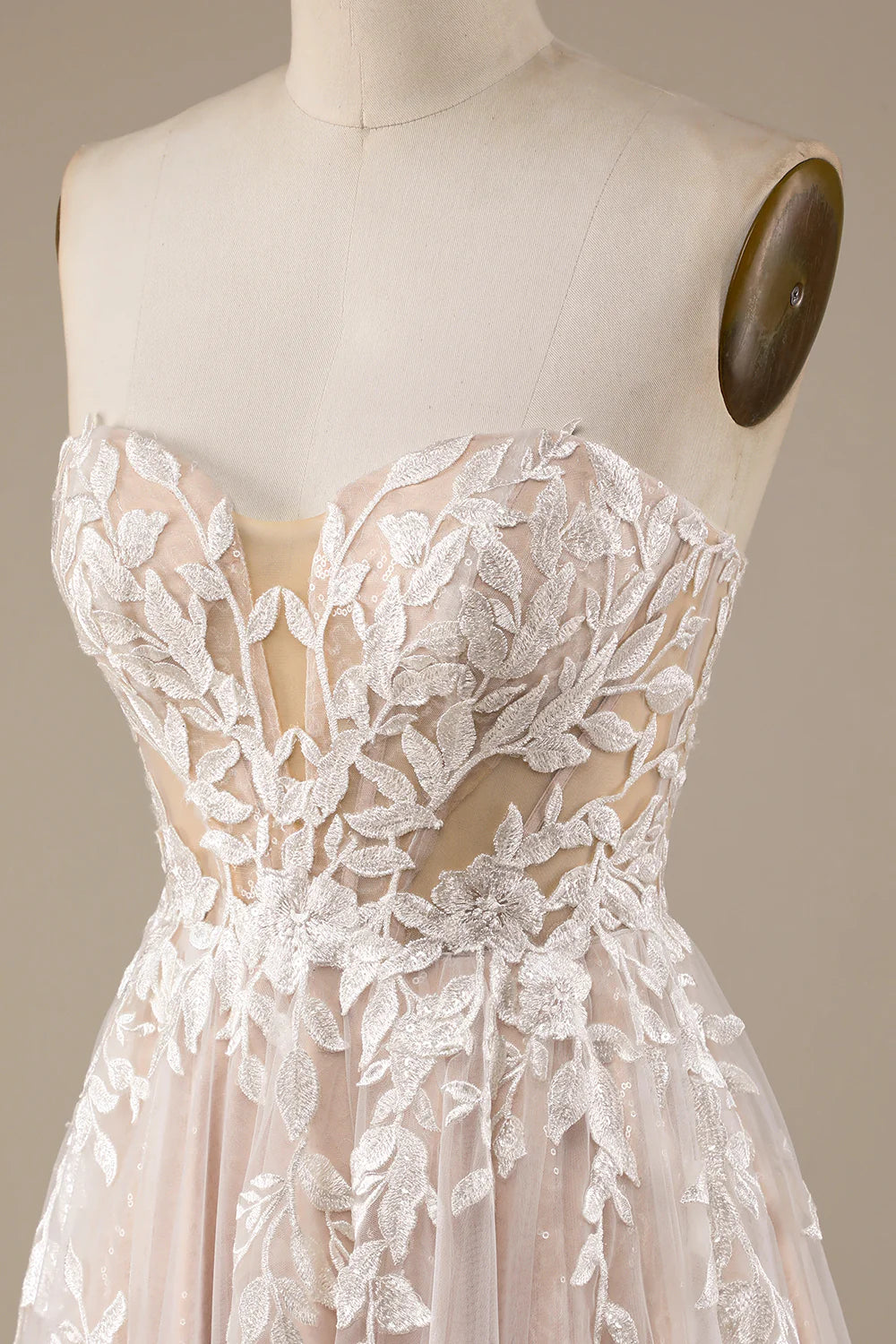 A-Line/Princess Tulle Applique Off-the-Shoulder Champagne Tulle Detachable Wedding Dress
