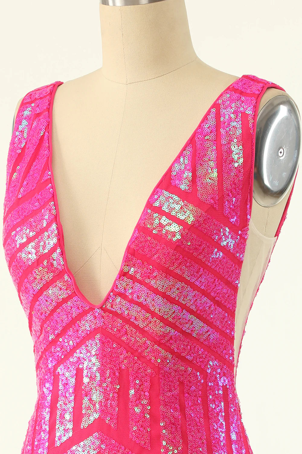 A Line Sheath Fuchsia Sequins Low V-Neck Homecoming Dress