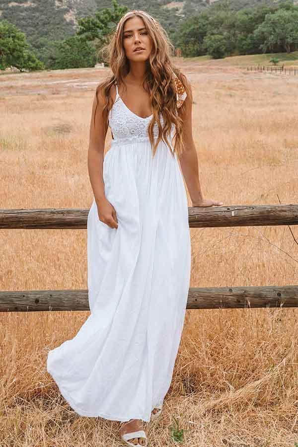 A-Line Scoop Backless Floor Length Beach Wedding Dress with Lace