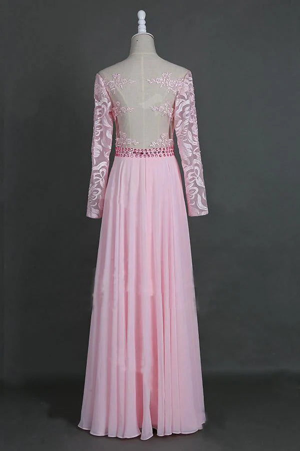 A-Line Champagne Sheer Neckline Prom Dresses Floor Length Long Sleeves Evening Dress