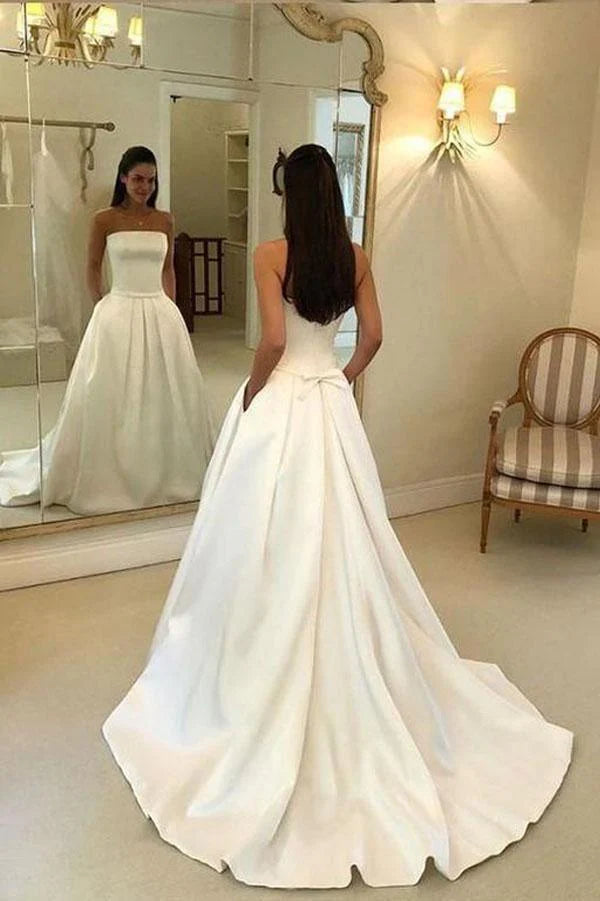 A-line Strapless Open Back Satin Ivory Wedding Dress with Pockets