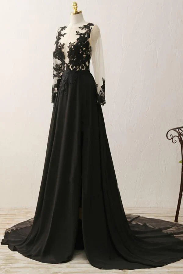 Wedding Guest Dresses Black Dress Formal Wedding Floor Length Long Sleeves Evening Gowns Prom Dresses With Appliques
