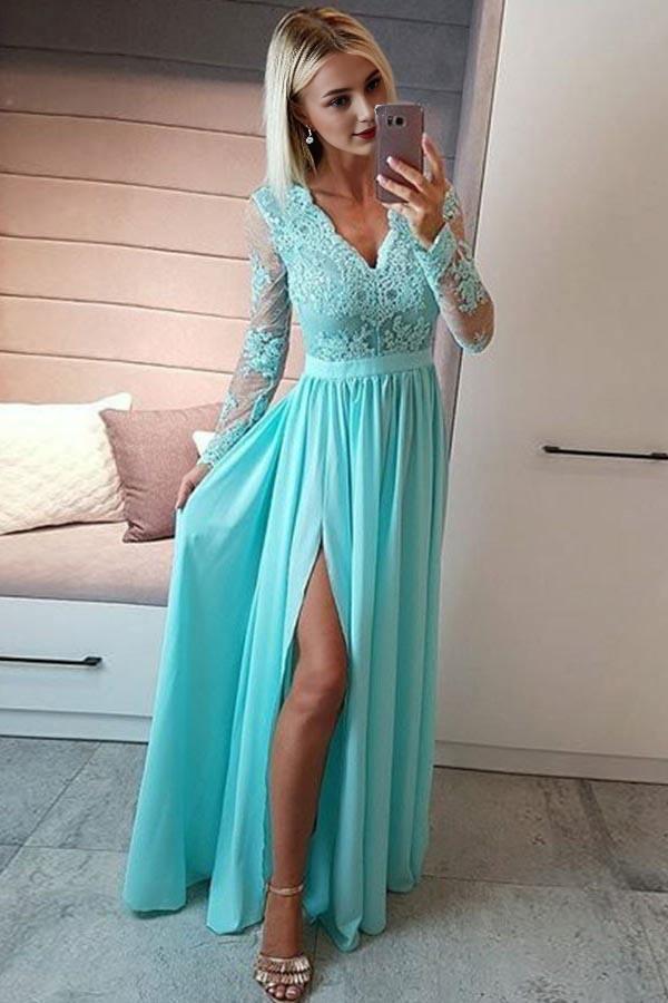A-Line V-Neck Royal Blue Floor Length Chiffon Long Sleeves Prom Dress with Appliques