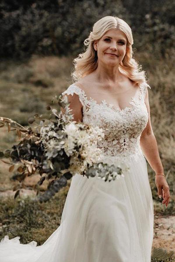 A-Line Wedding Gown with Illusion Neck With Back Lace Appliqued