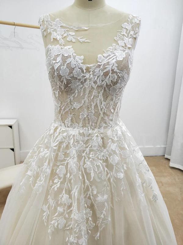 A-line Floral Applique Beach Wedding Dresses Backless Wedding Gown